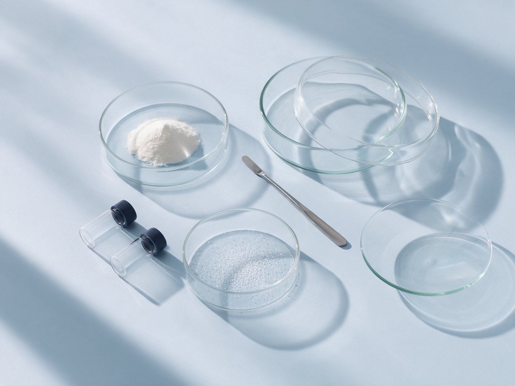 Petri dishes and sealed research vial on a pale blue laboratory surface