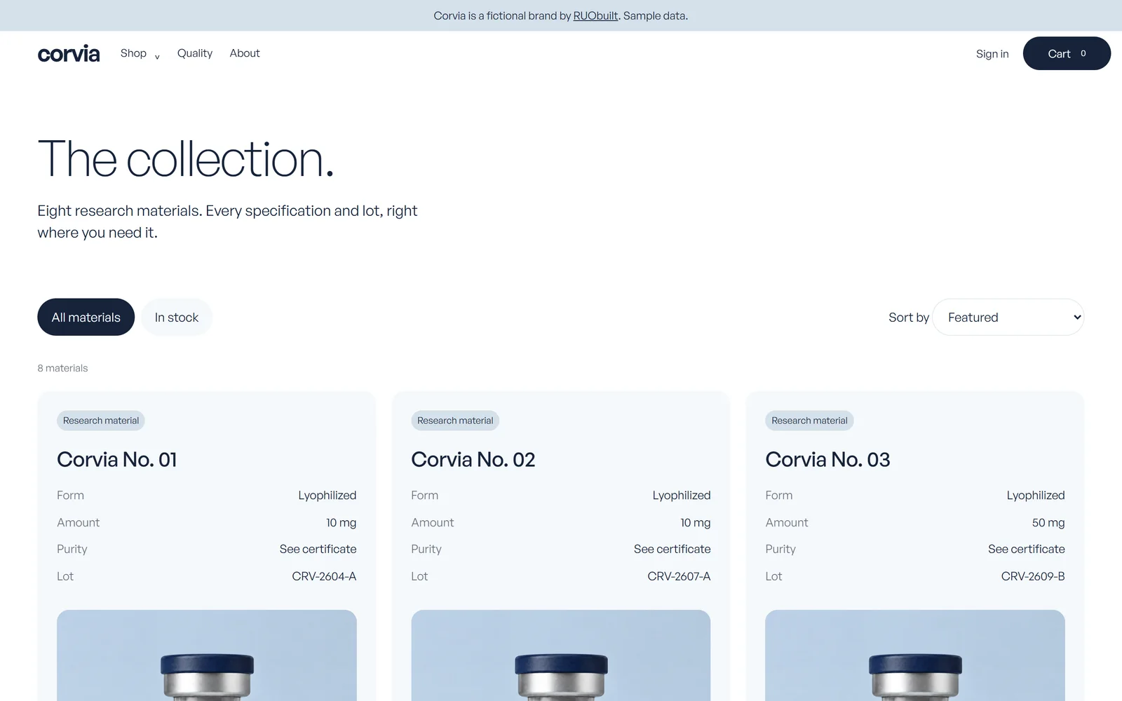 Corvia catalog with neutral product names, size details and matching image backgrounds