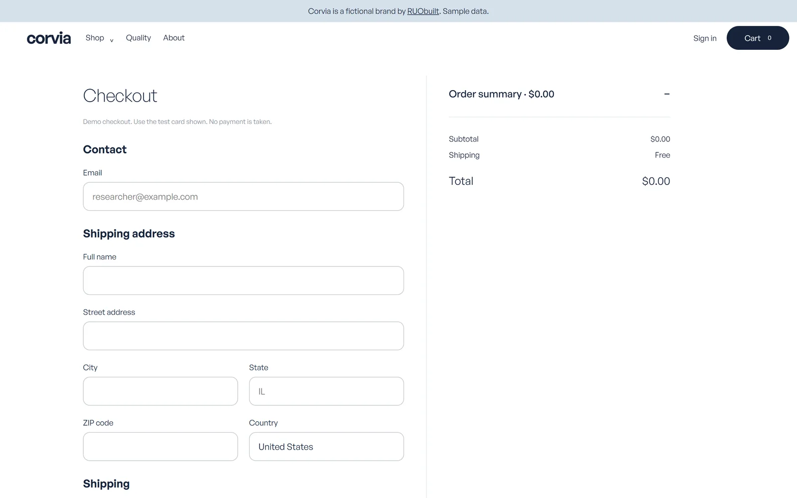 Corvia demo checkout with contact and shipping fields beside the order summary