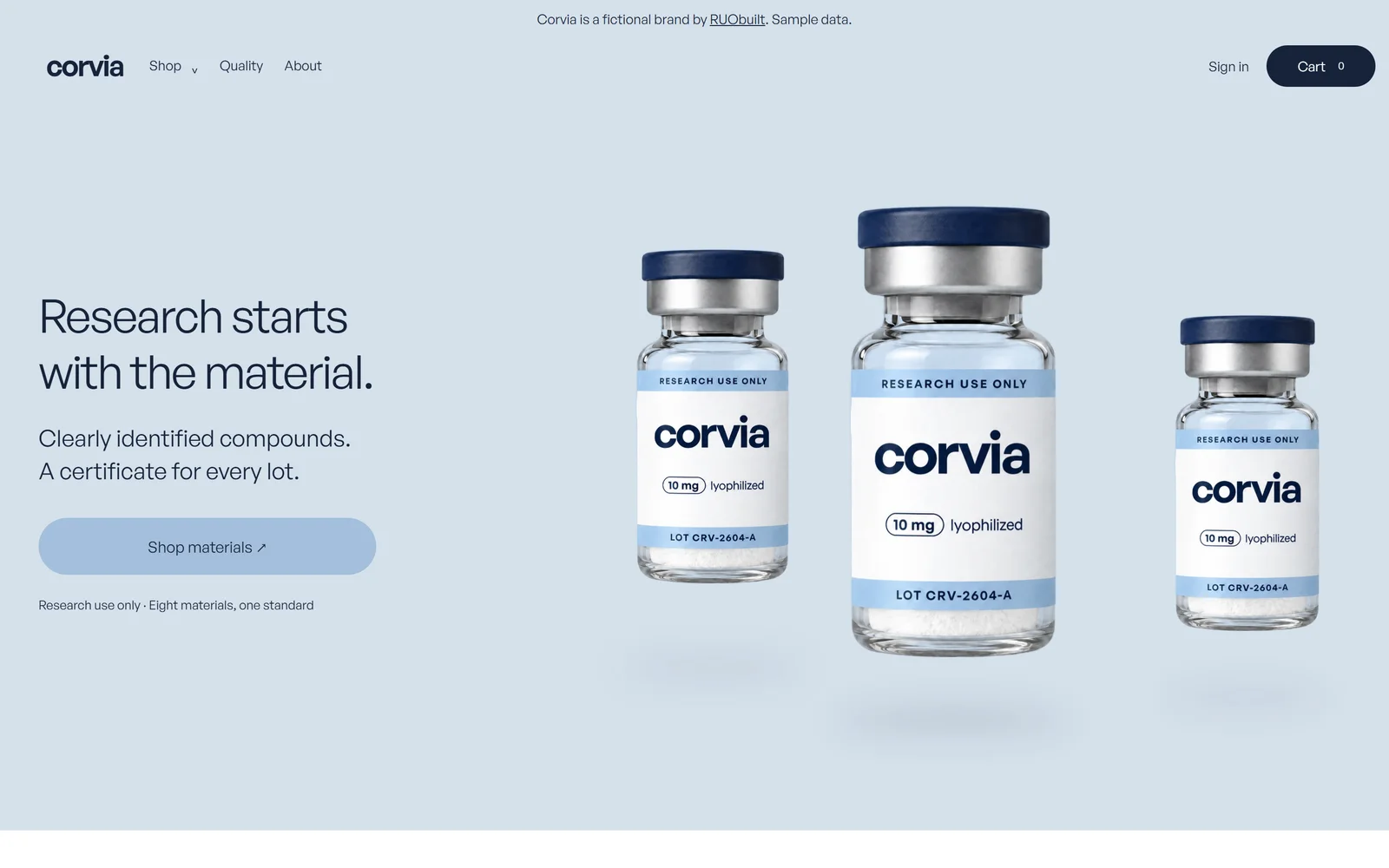 Corvia home page with blue product photography and a link to the catalog