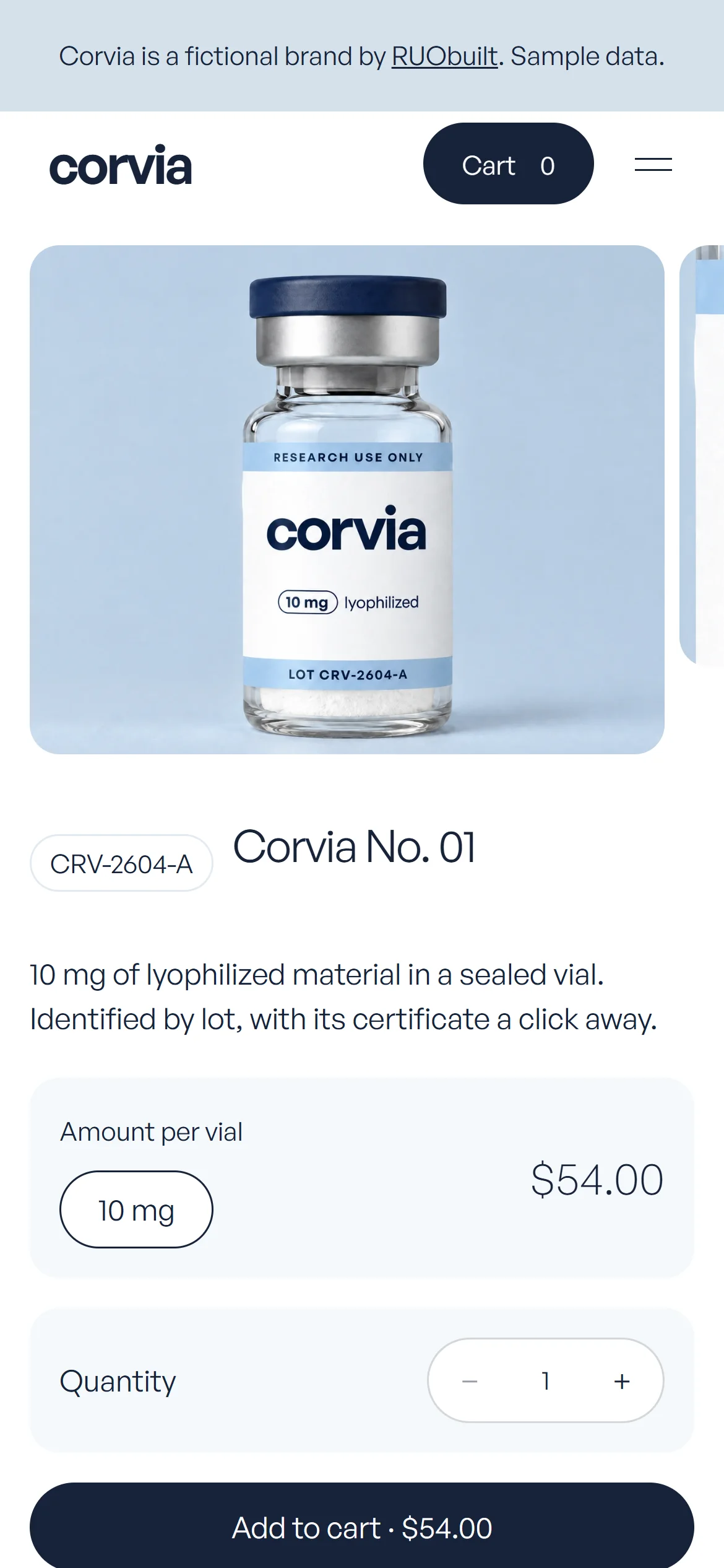 Corvia No. 01 phone product page with product image, size and buying controls
