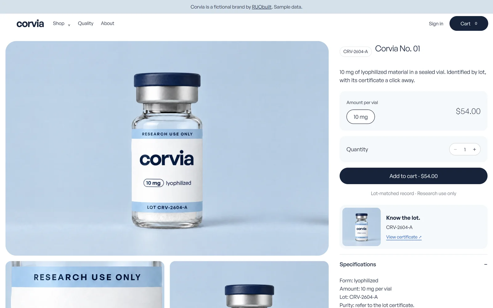 Corvia No. 01 product page with size, price and a lot certificate link beside the buying controls