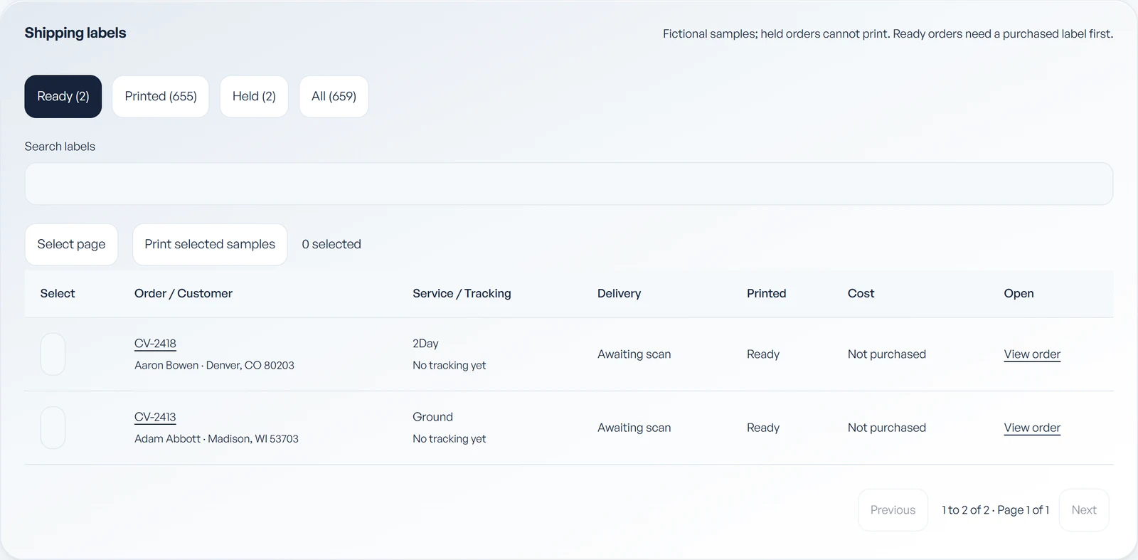 Corvia backend shipping-label queue with search, print controls and fictional order records