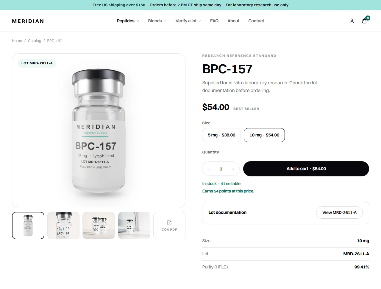 Meridian product page with its lot number and certificate link