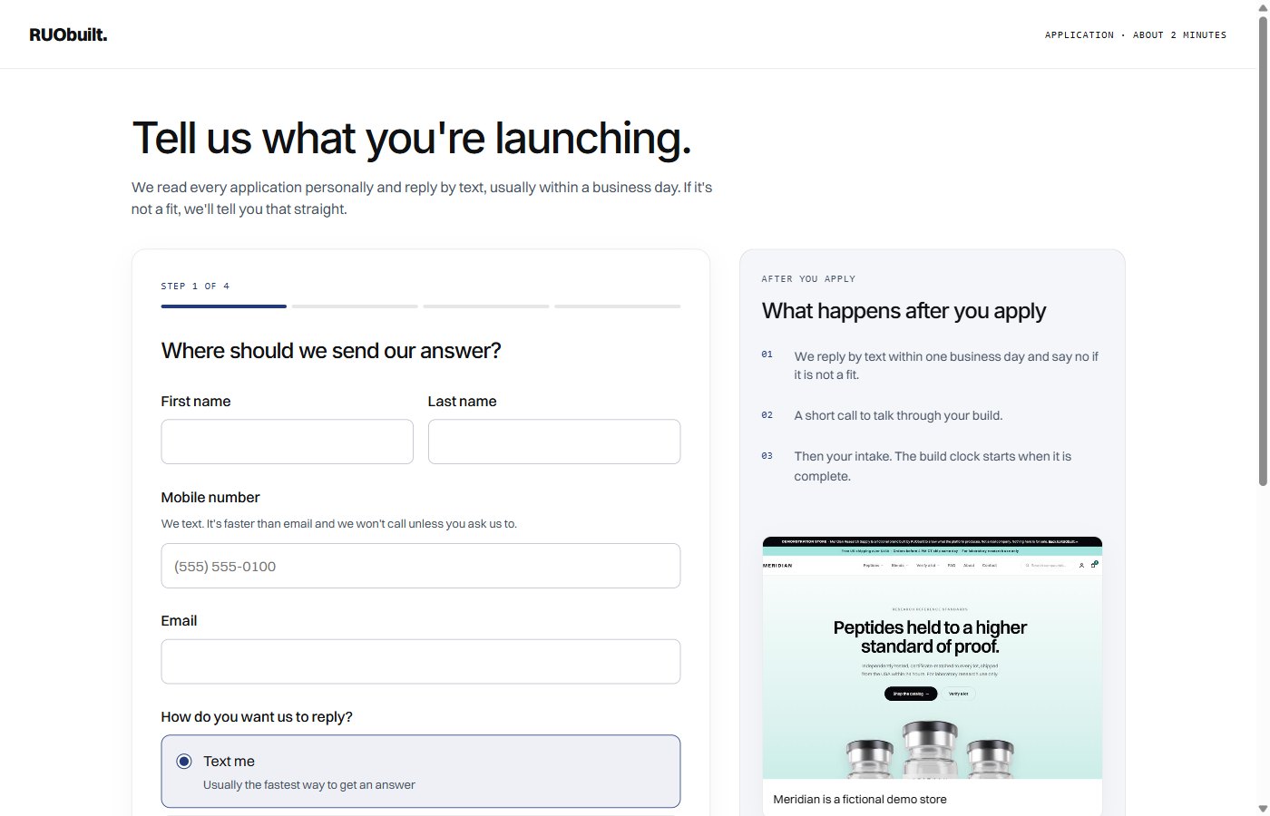 RUObuilt application screen with contact fields and the steps after applying.