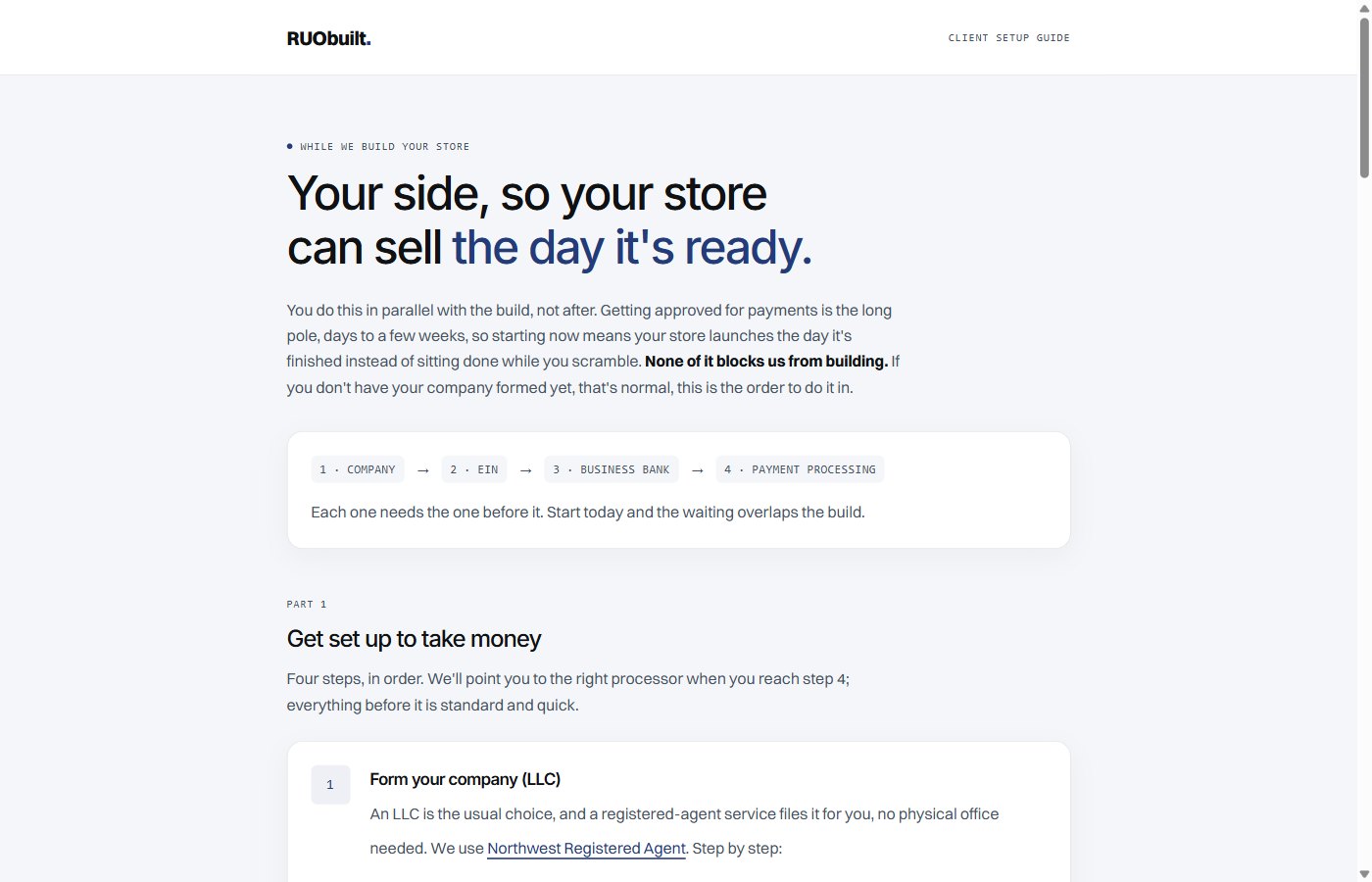 RUObuilt client setup guide covering company formation, tax ID, banking and payment processing.