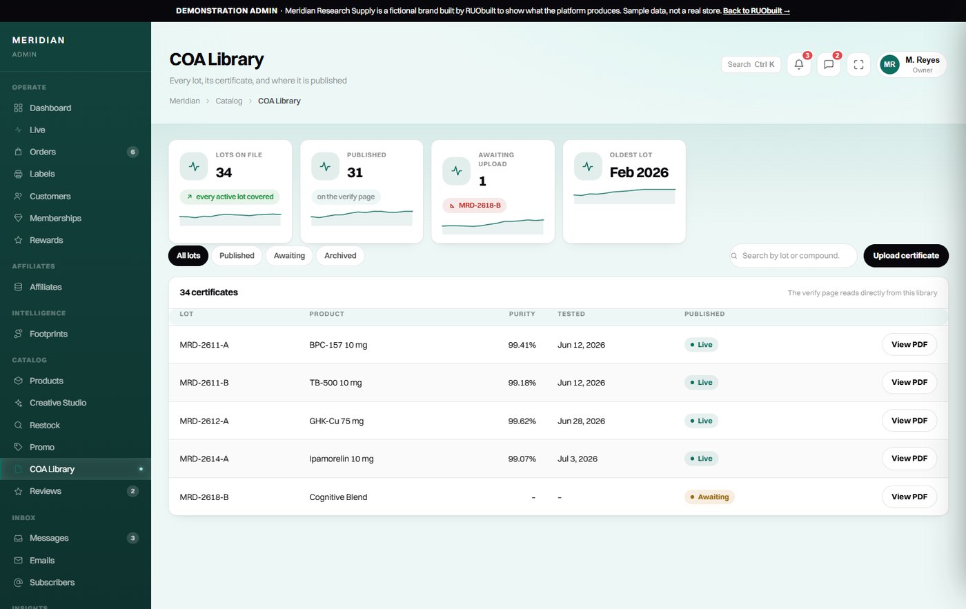 Certificate library listing each lot number against its published certificate.