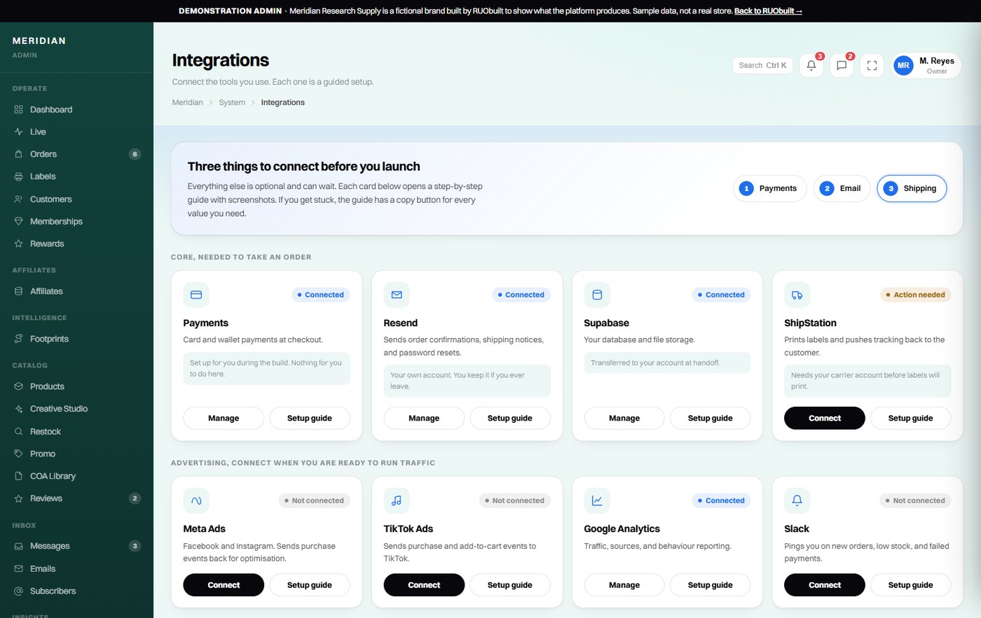 Integrations: connection cards with guided setup for email, shipping and advertising tools.
