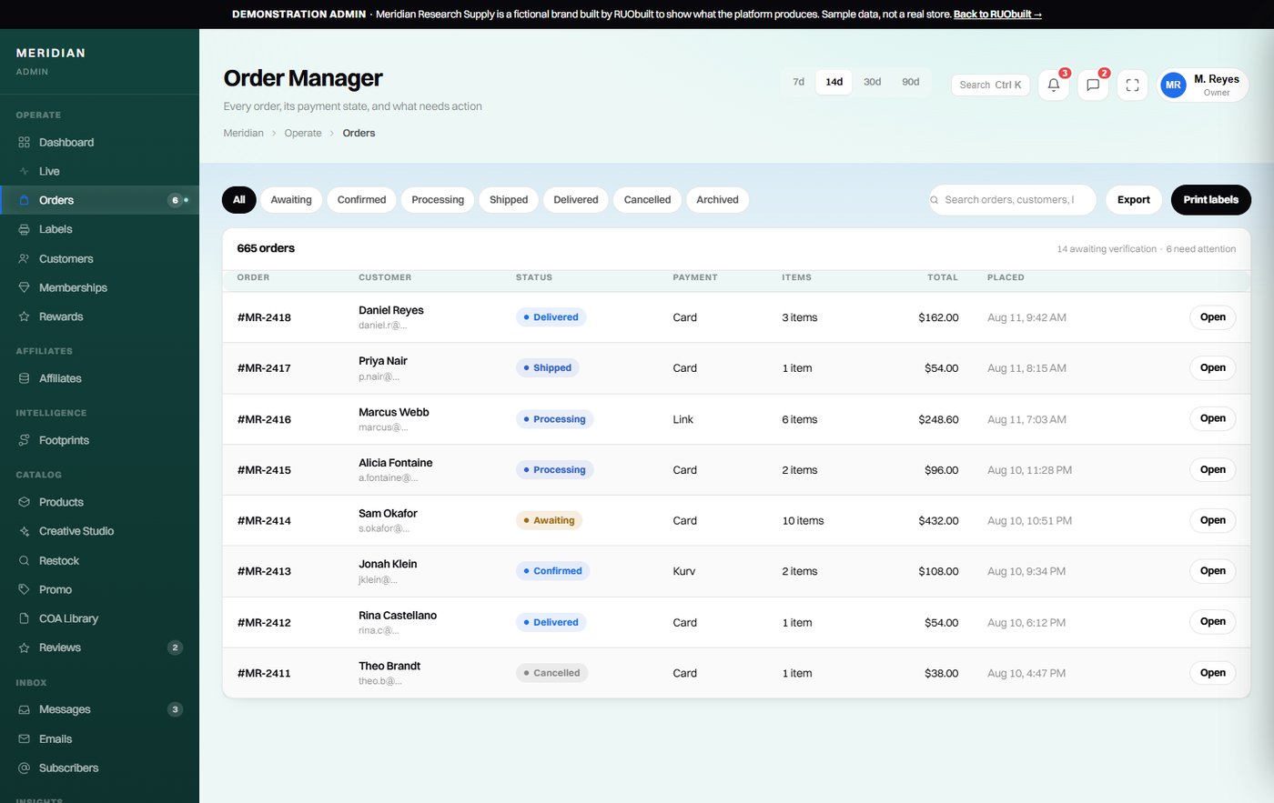 Orders screen listing every order with customer, status, payment method and total.