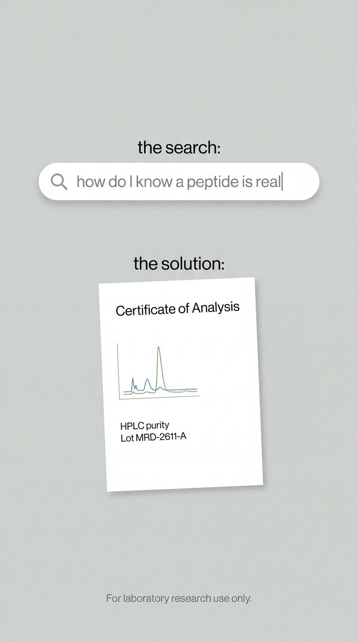 Vertical ad frame: a search bar above a certificate of analysis card.