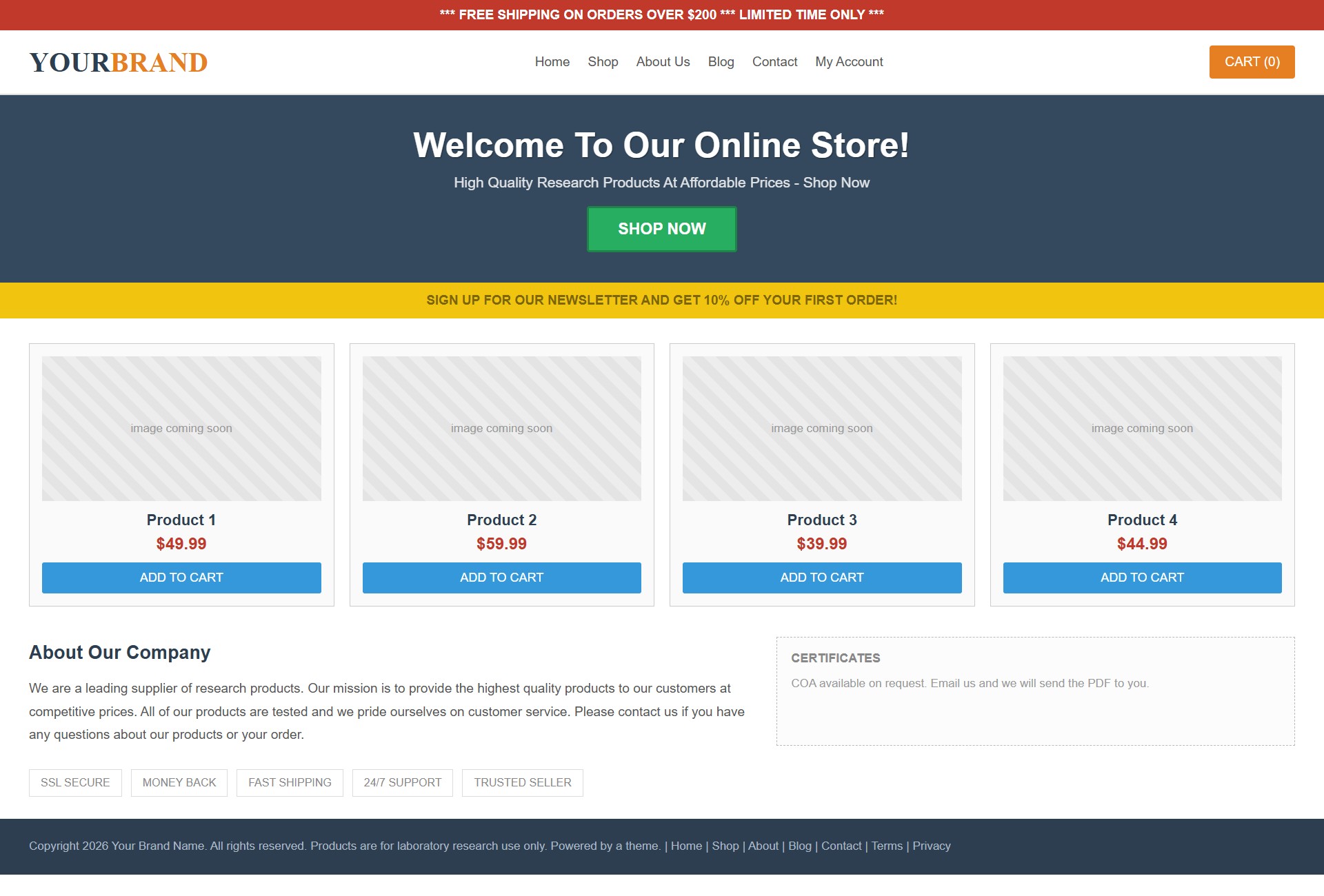 A generic themed store with placeholder product images and stock badges.