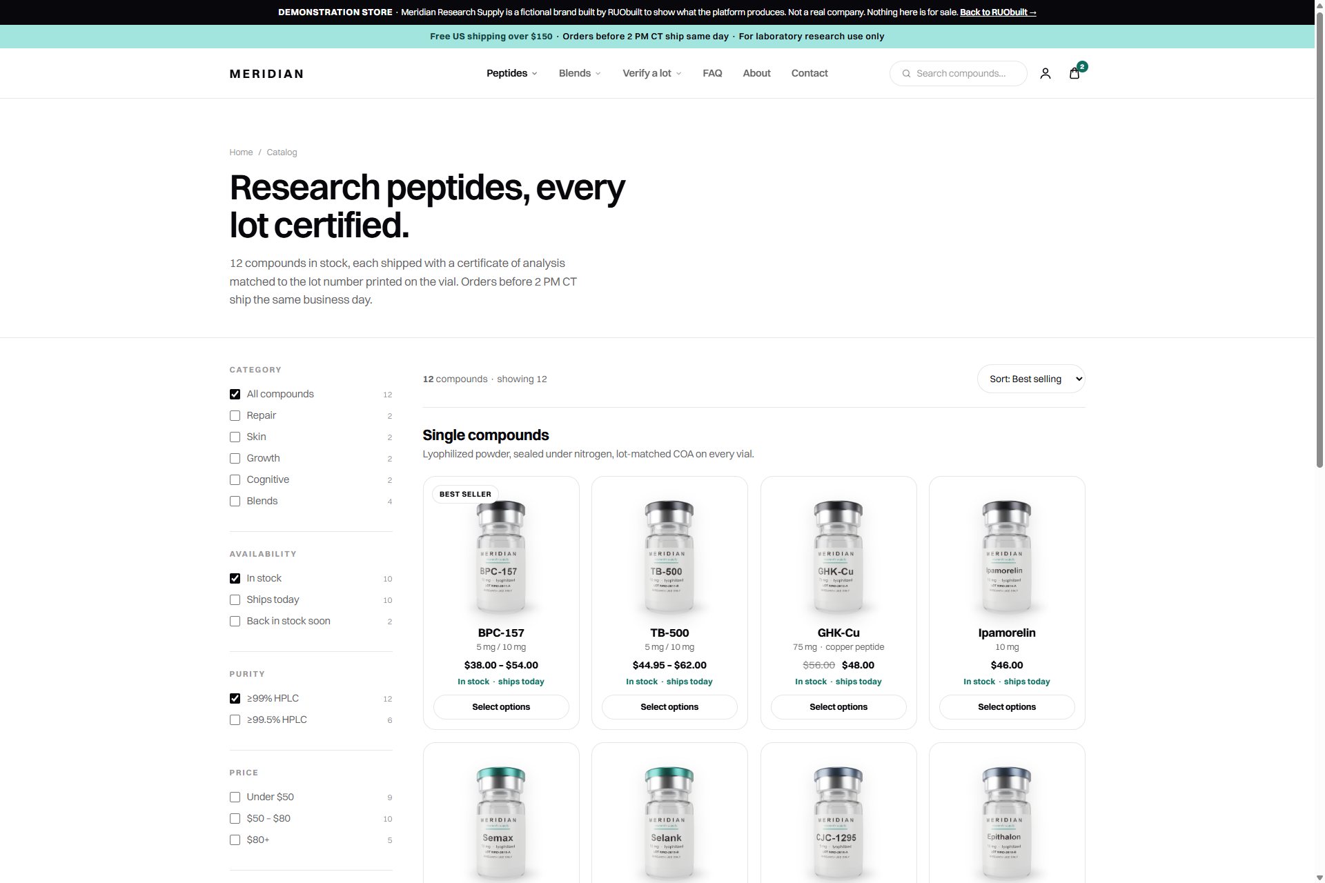 The catalogue, filtered by category, availability and purity.