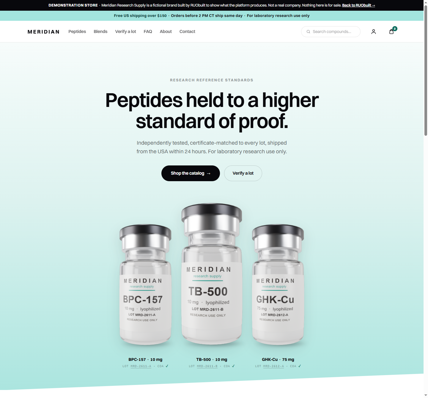 The Meridian demonstration storefront: announcement bar, full navigation with search and cart, hero, and three rendered vials each showing a lot number and a certificate checkmark.