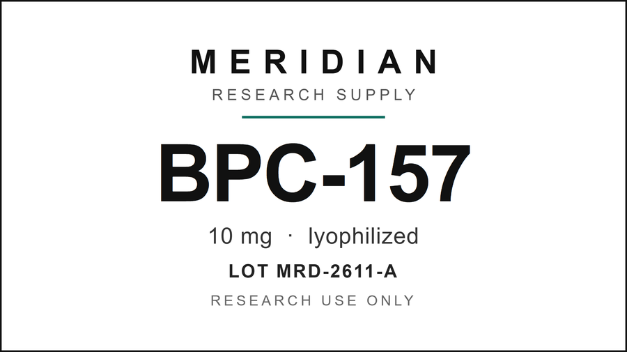 Flat label artwork: a rectangular label carrying the brand wordmark, compound name, dose, lot number, and a research-use-only line.