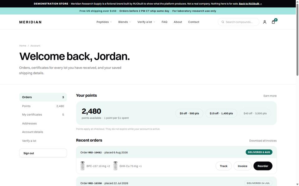 Account, Meridian demo store.