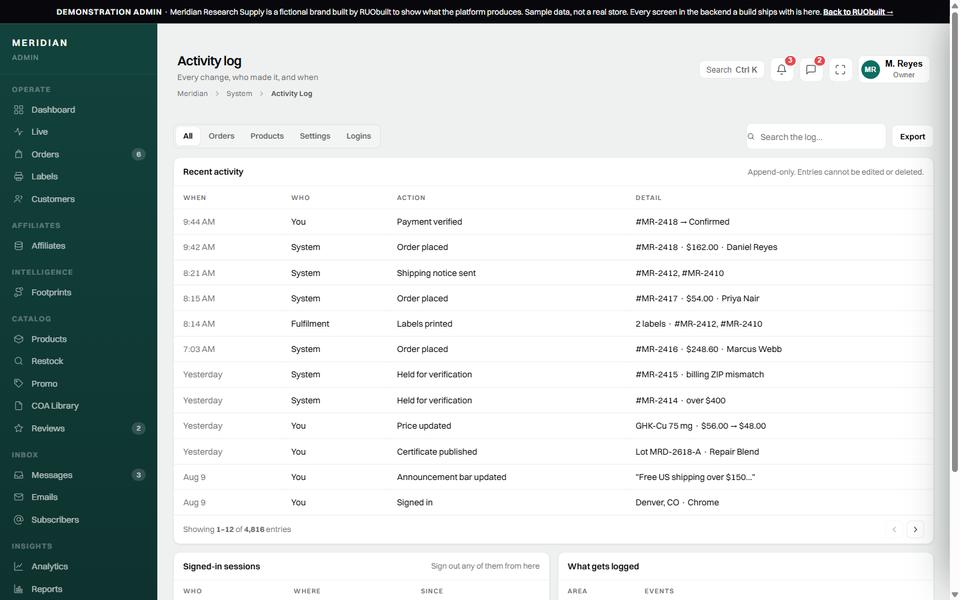 Activity log, Meridian demo store.