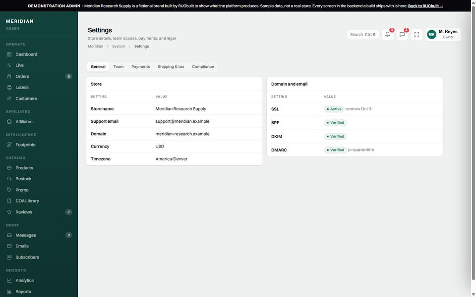 Settings, Meridian demo store.