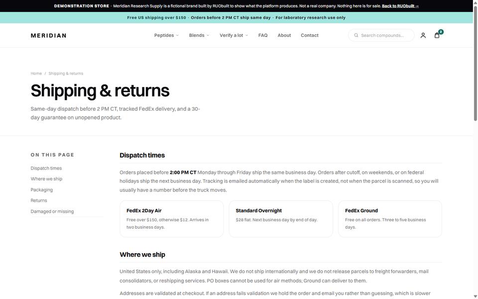 Shipping, Meridian demo store.